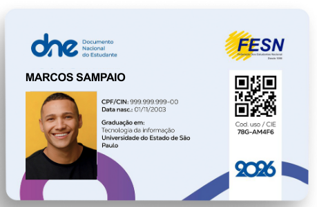 Carteira de Estudante Física DNE FESN, com QR Code de validação, foto do estudante e validade nacional para meia-entrada