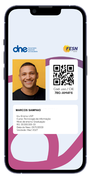 Carteira de Estudante Digital DNE FESN exibida no celular, com QR Code de validação, foto do estudante e validade nacional para meia-entrada