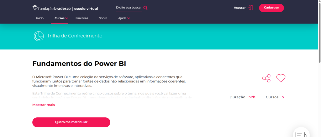Trilha de conhecimento Fundamentos do Power BI da Fundação Bradesco, curso gratuito com certificado e foco em análise de dados, indicado por Marcos Sampaio @ei_sampa site marcossampaio.com
