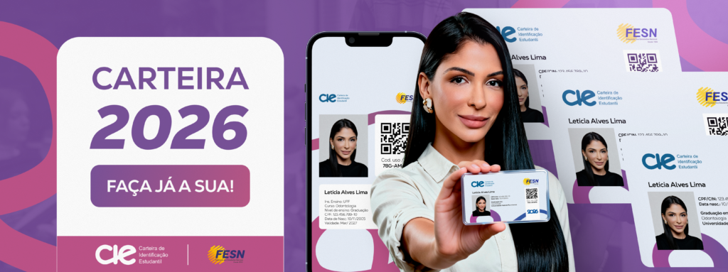 Carteira de Estudante 2026 digital exibida no celular e versão física, com QR Code de validação, válida para meia-entrada em todo o Brasil