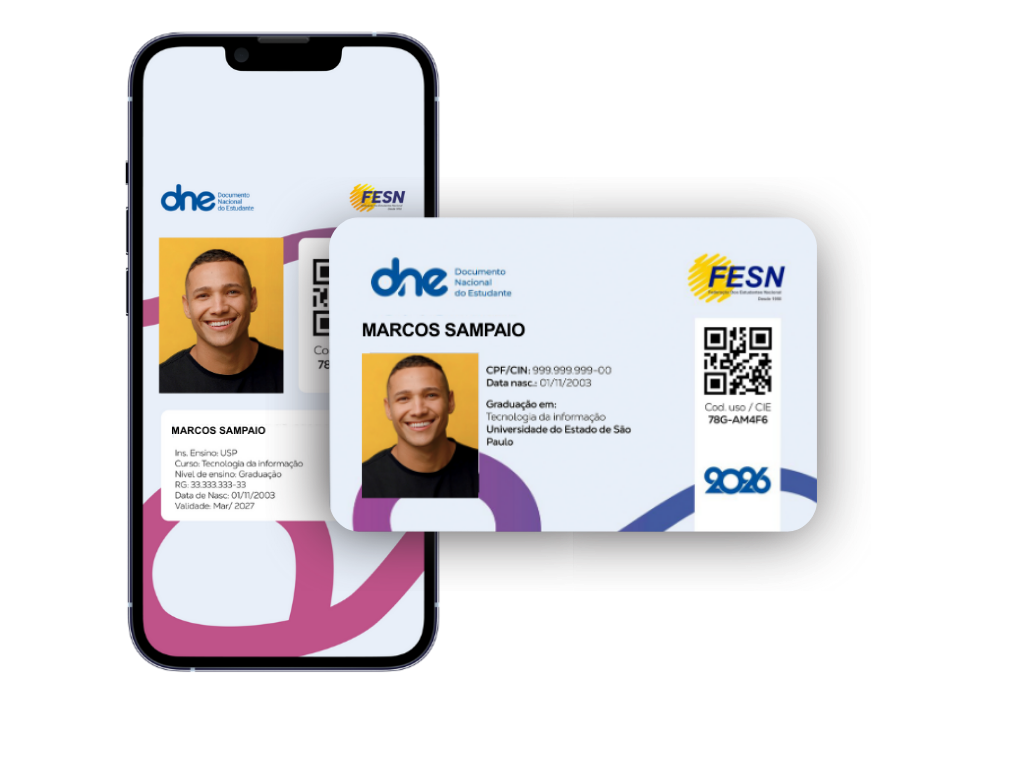 Carteira de estudante digital exibida no celular e no cartão físico, com foto, QR Code de validação e dados do estudante, válida em todo o Brasil para benefícios estudantis.