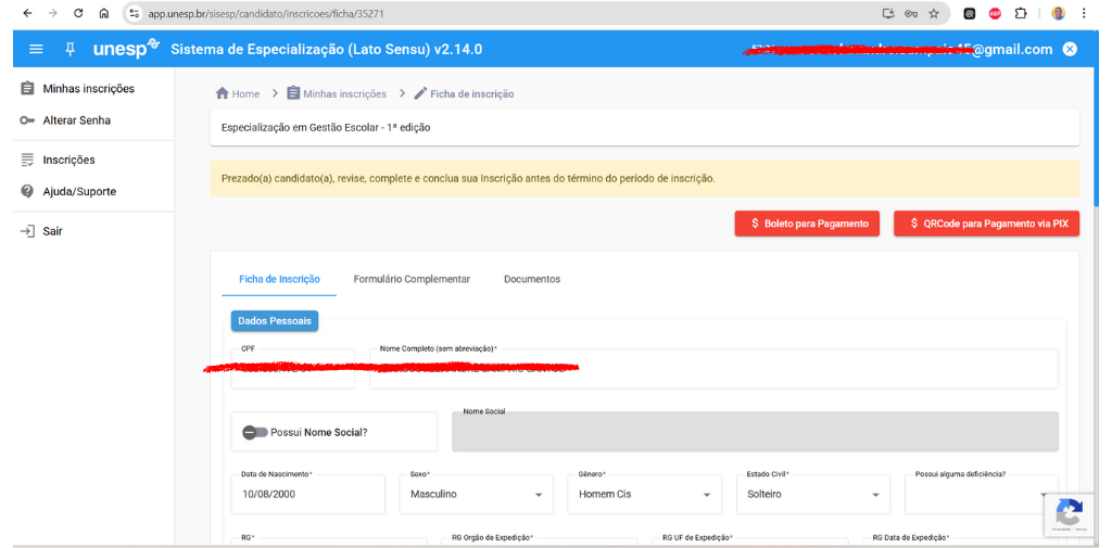 Tela de inscrição da pós-graduação Lato Sensu da UNESP com formulário de dados pessoais e opção de pagamento da taxa de inscrição