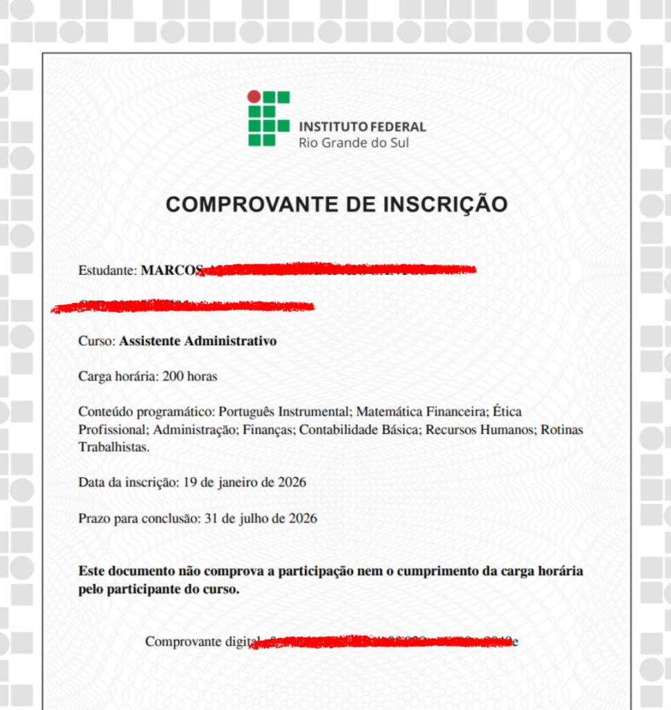 Comprovante de matrícula em curso gratuito do Instituto Federal do Rio Grande do Sul (IFRS) com carga horária de 200 horas, usado para comprovar escolaridade e solicitar carteira de estudante