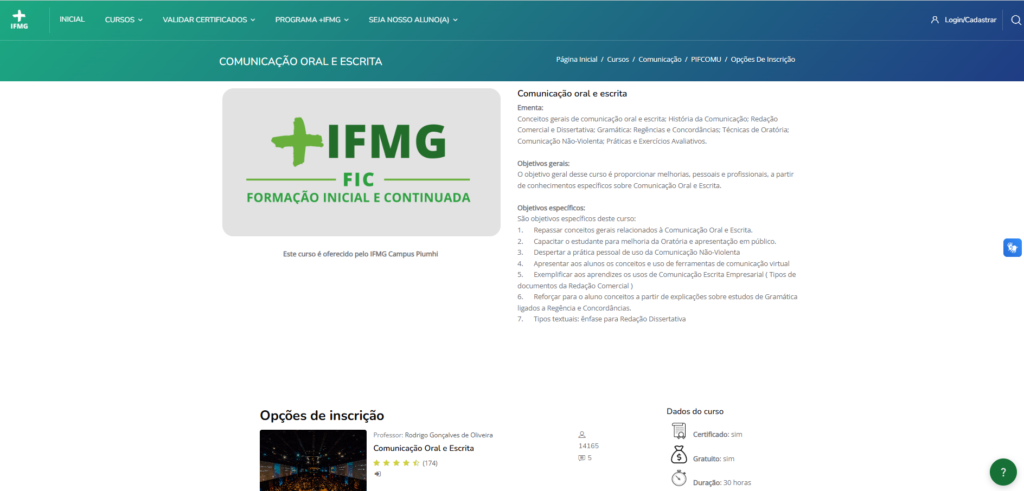 Curso Comunicação Oral e Escrita do IFMG, gratuito e online, com certificado, indicado por Marcos Sampaio @ei_sampa site: marcossampaio.com
