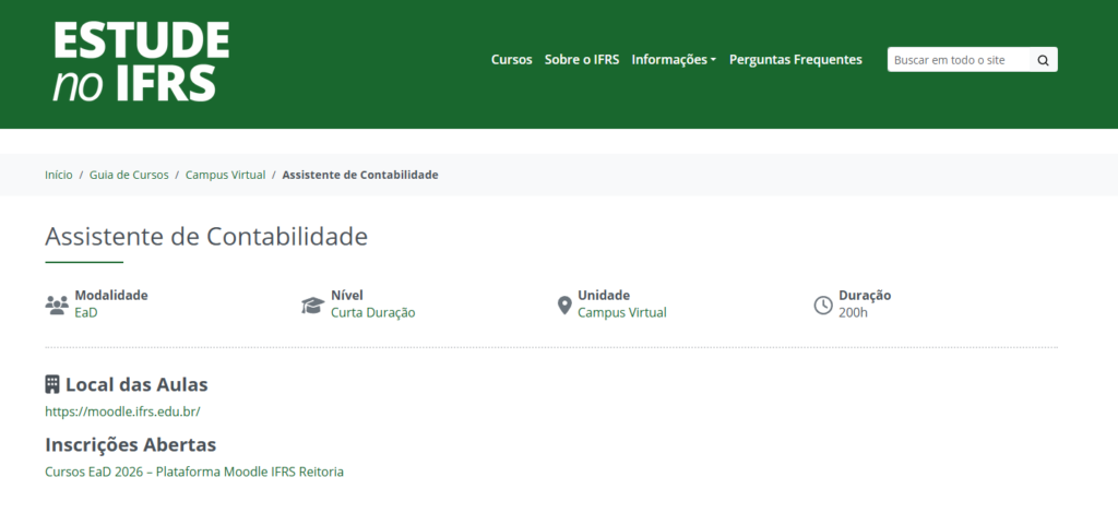 Curso Assistente de Contabilidade do IFRS com 200 horas, gratuito, online e com certificado válido para currículo e carteira de estudante - Indicado por Marcos Sampaio @ei_sampa site: marcossampaio.com