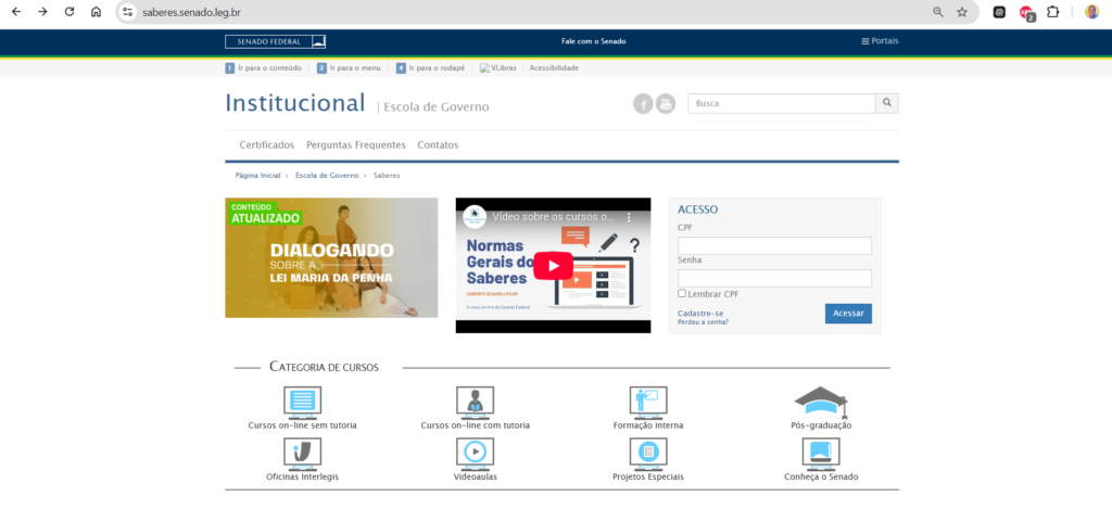 Plataforma Saberes do Senado Federal com cursos gratuitos online, cursos livres e pós-graduação oferecidos pela Escola de Governo do Senado.