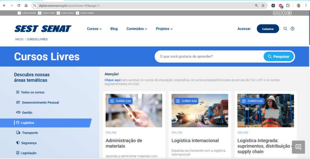 Catálogo de Cursos do SEST SENAT indicado pelo Criador de conteúdo Marcos Sampaio