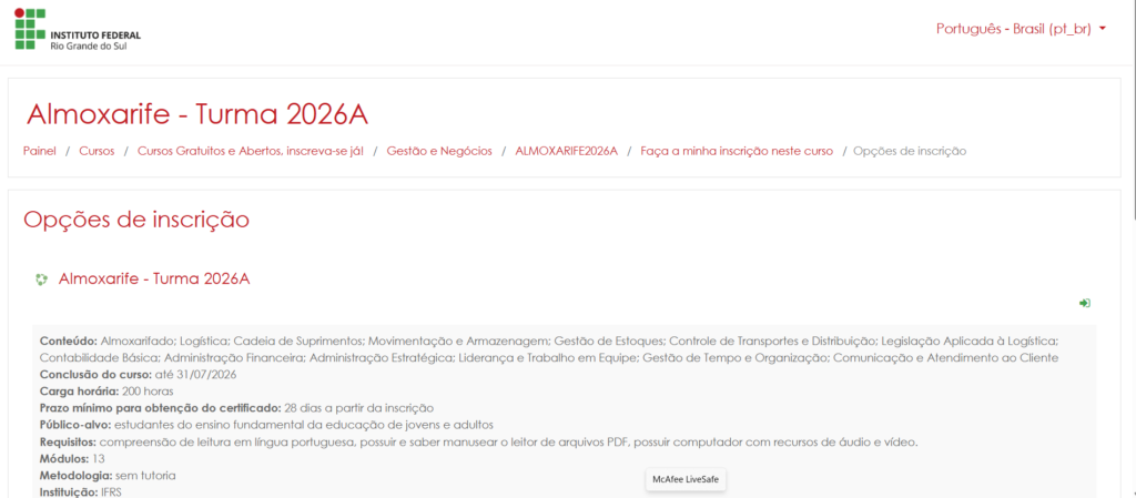 Curso de Almoxarife 2026A do IFRS indicado pelo Criador de conteúdo Marcos Sampaio