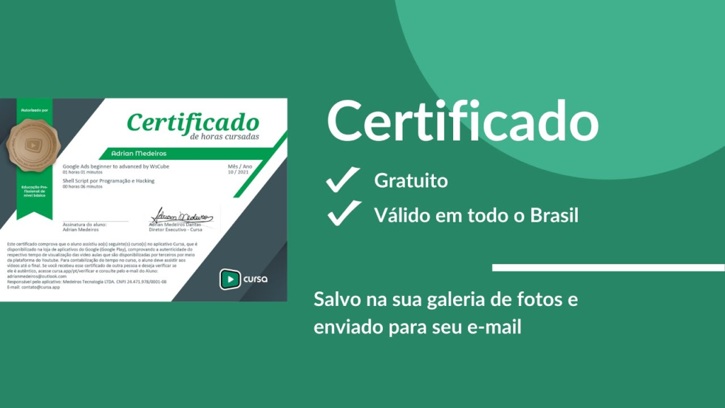Certificado gratuito do aplicativo CURSA válido em todo o Brasil