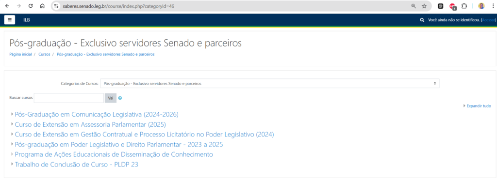 Página do Saberes Senado de Pós-graduação, com matrículas abertas em 2026.