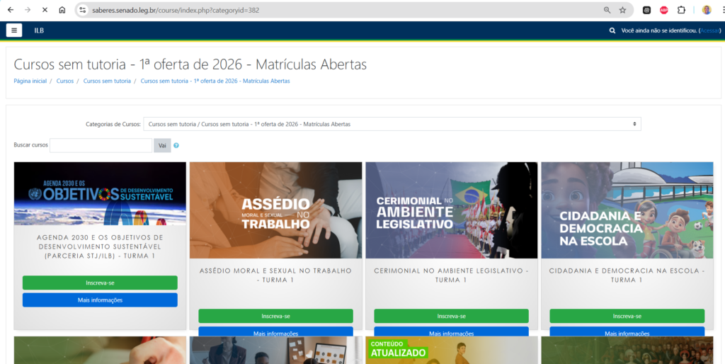 Página do Saberes Senado com cursos gratuitos sem tutoria, com matrículas abertas em 2026.