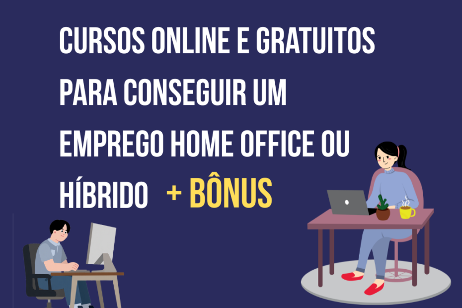 Capa sobre cursos online e gratuitos para conseguir um emprego home office ou híbrido, com ilustração de pessoas trabalhando remotamente e destaque para bônus de cursos.