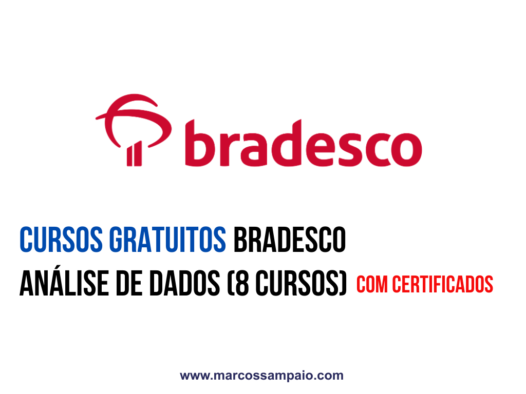 Cursos gratuitos de análise de dados do Bradesco com certificado — trilha com 8 cursos incluindo Power BI, modelagem de dados e banco de dados.