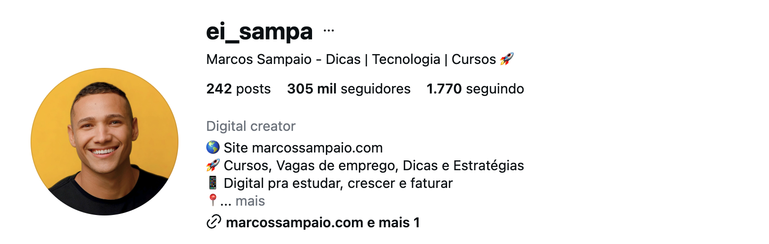 Perfil do Instagram @ei_sampa de Marcos Sampaio com mais de 305 mil seguidores, especializado em cursos gratuitos, vagas de emprego, tecnologia, benefícios, educação e estratégias digitais.