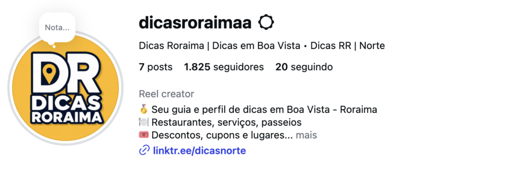 Print do perfil @dicasroraimaa no Instagram, com a logo DR Dicas Roraima em fundo amarelo. O perfil apresenta o Dicas Roraima como um guia e perfil de dicas em Boa Vista-RR e Manaus-AM, com foco inicial em Boa Vista, trazendo conteúdos sobre restaurantes, serviços, passeios, eventos, descontos, cupons, promoções e lugares para conhecer.