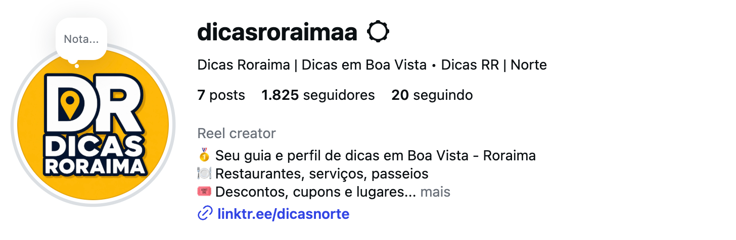 Print do perfil @dicasroraimaa no Instagram, com a logo DR Dicas Roraima em fundo amarelo. O perfil apresenta o Dicas Roraima como um guia e perfil de dicas em Boa Vista-RR e Manaus-AM, com foco inicial em Boa Vista, trazendo conteúdos sobre restaurantes, serviços, passeios, eventos, descontos, cupons, promoções e lugares para conhecer.